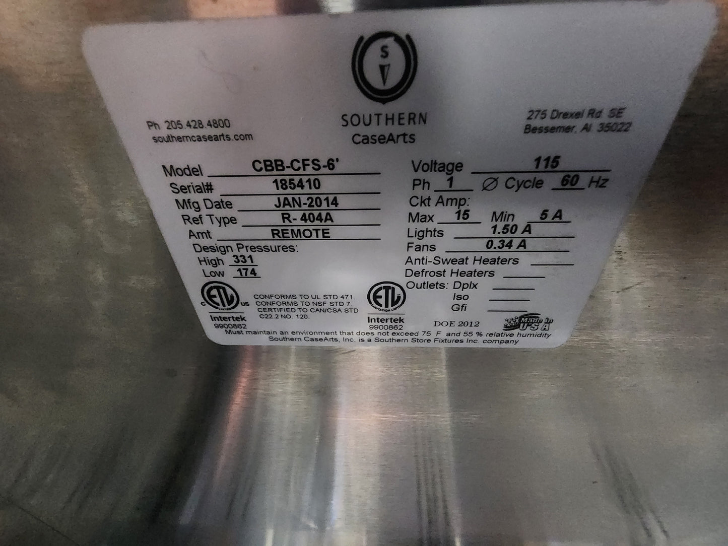 Used Southern CaseArts Stainless 6' Open Face Refrigerated Prep Table 120V