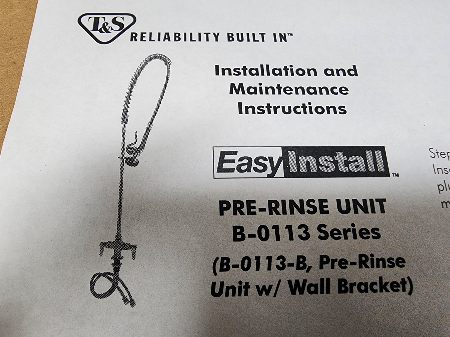 New T&S Reliability Built In B-01110B Pre-Rinse: Overhead Swivel Arm, Single Hole Base, Inlet Flex Lines, Wall Brkt