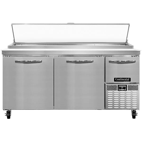 New Continental PA68N 68" Refrigerated Pizza Prep Table Two Full and One 1/2 Door 120V