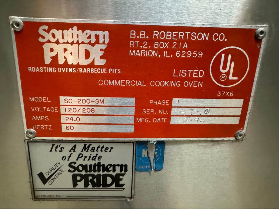 Used Southern Pride SC-200-SM Electric BBQ Meat Smoker 120/208V