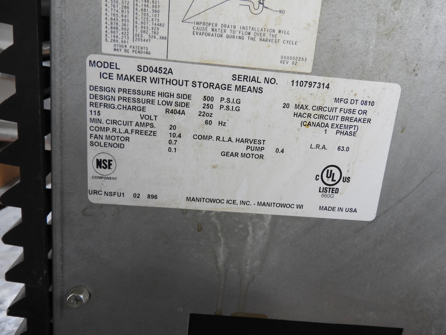 Used Manitowoc SDO452A Ice Machine Head Unit with UV Water Purifier