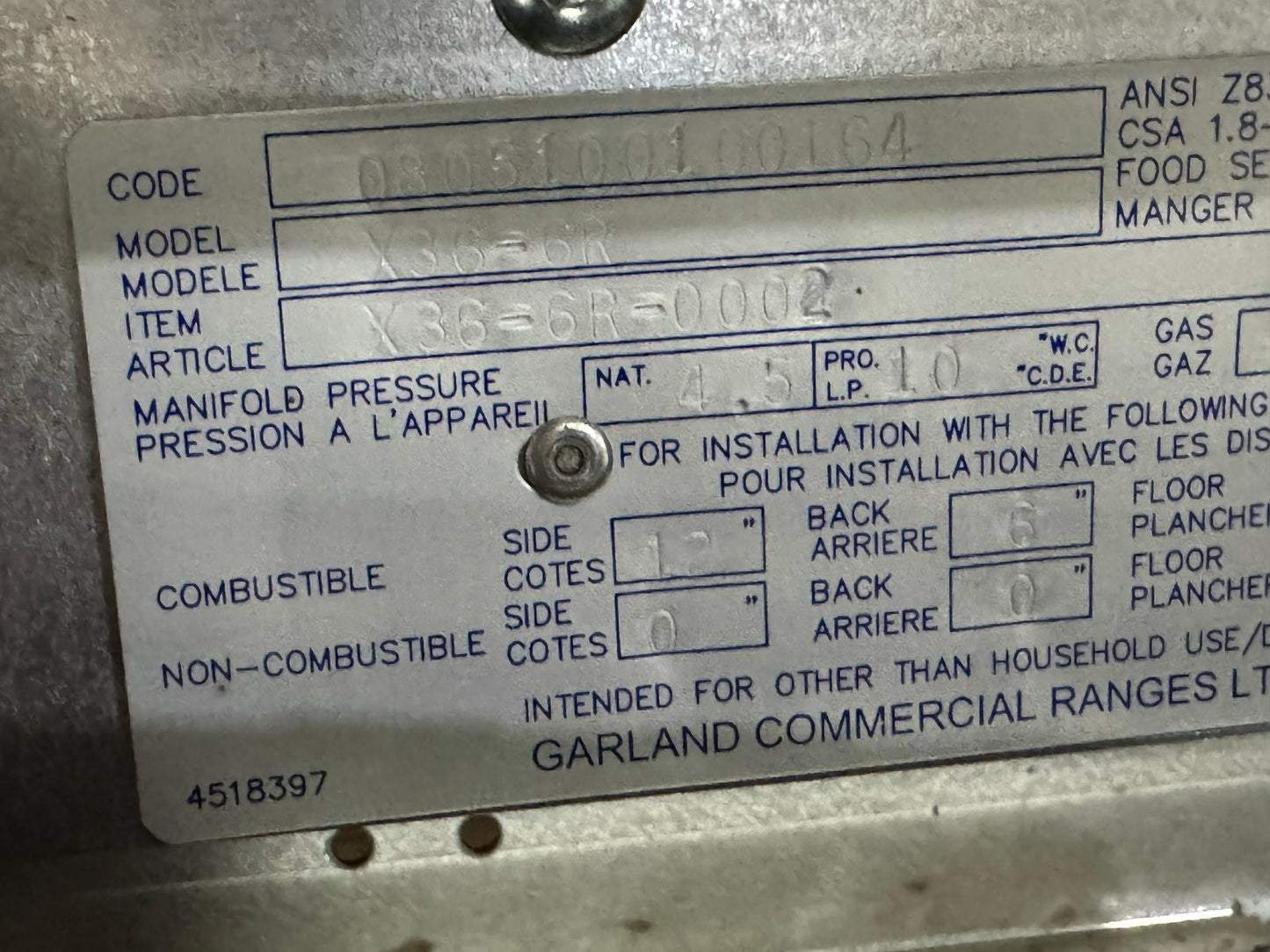 Used Garland SunFire X36-6R 6 Burner 36" NG Range with Standard Oven - 213,000 BTU