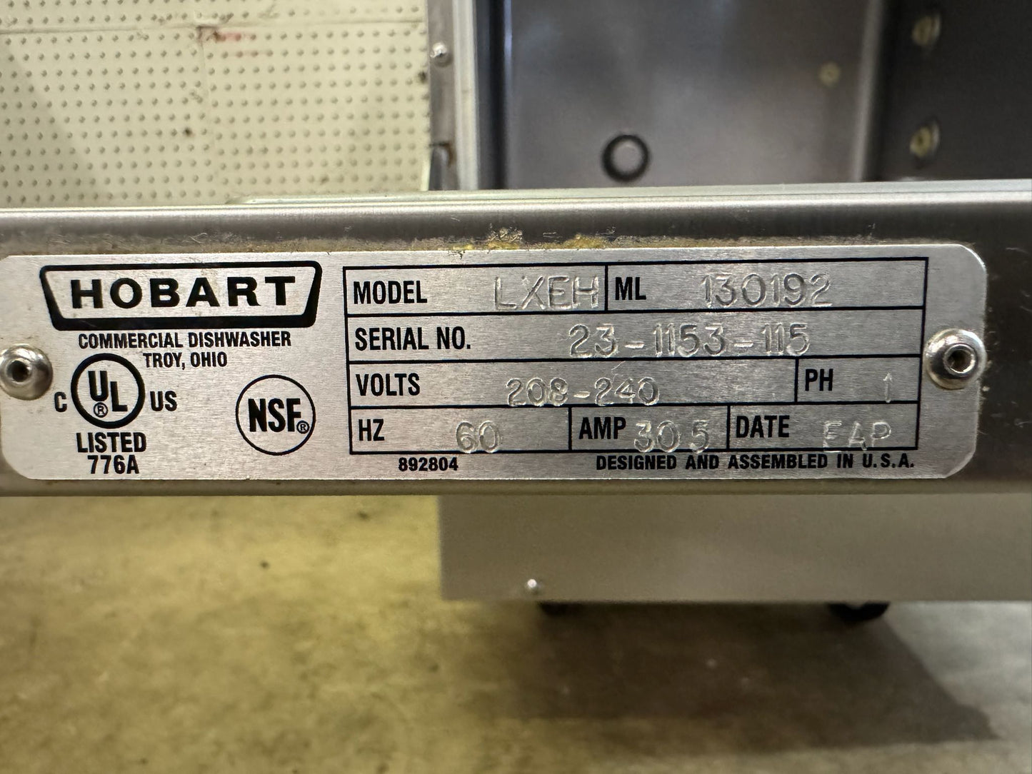 Used Hobart LXEH High Temperature Undercounter Dishwasher 208-240V 1PH