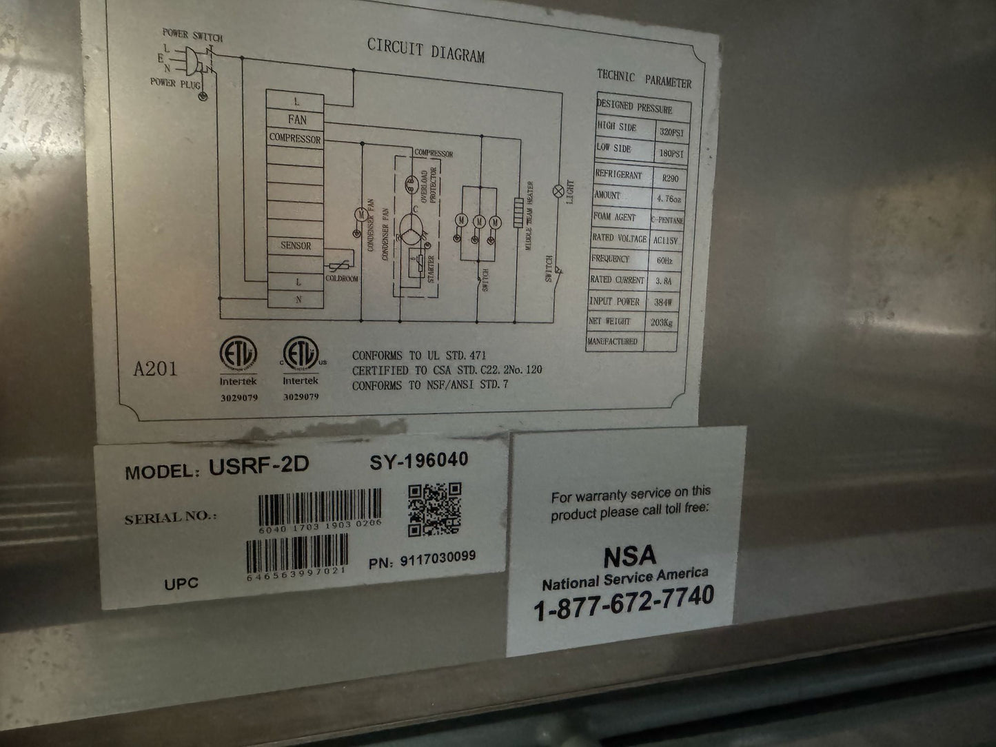 Used 54" U-Star USRF-2D Two Section Solid Door Reach In Refrigerator 115V