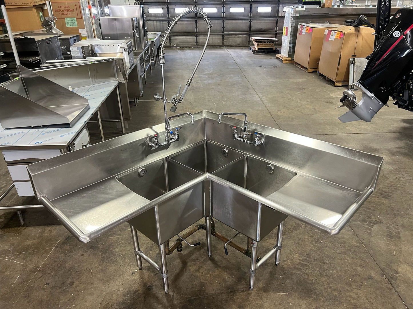 Used Stainless Steel Corner 3 Compartment Sink with Faucets and Drains