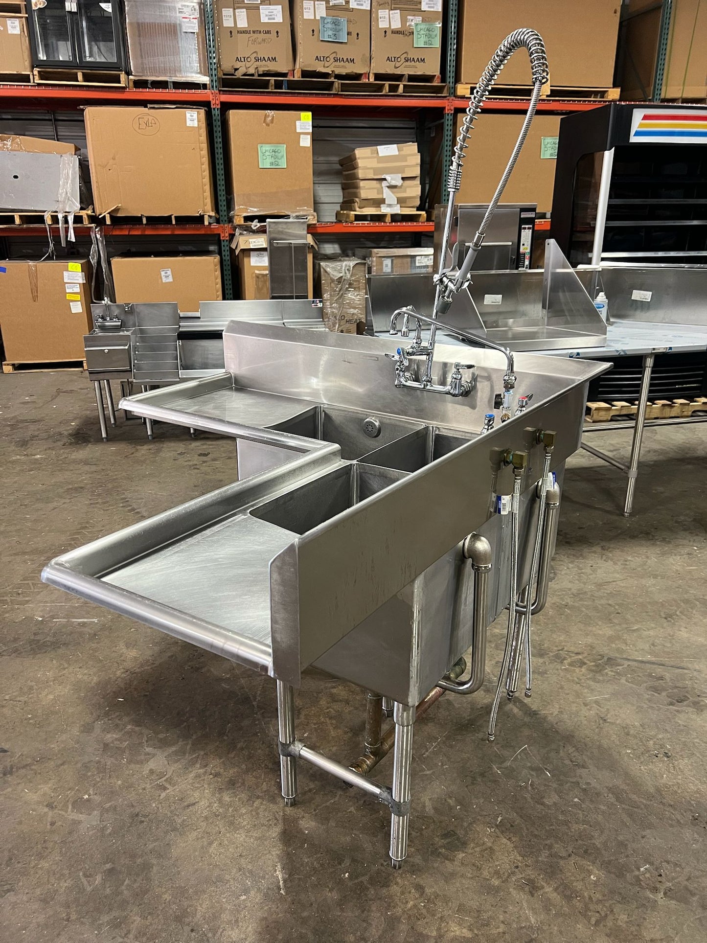 Used Stainless Steel Corner 3 Compartment Sink with Faucets and Drains