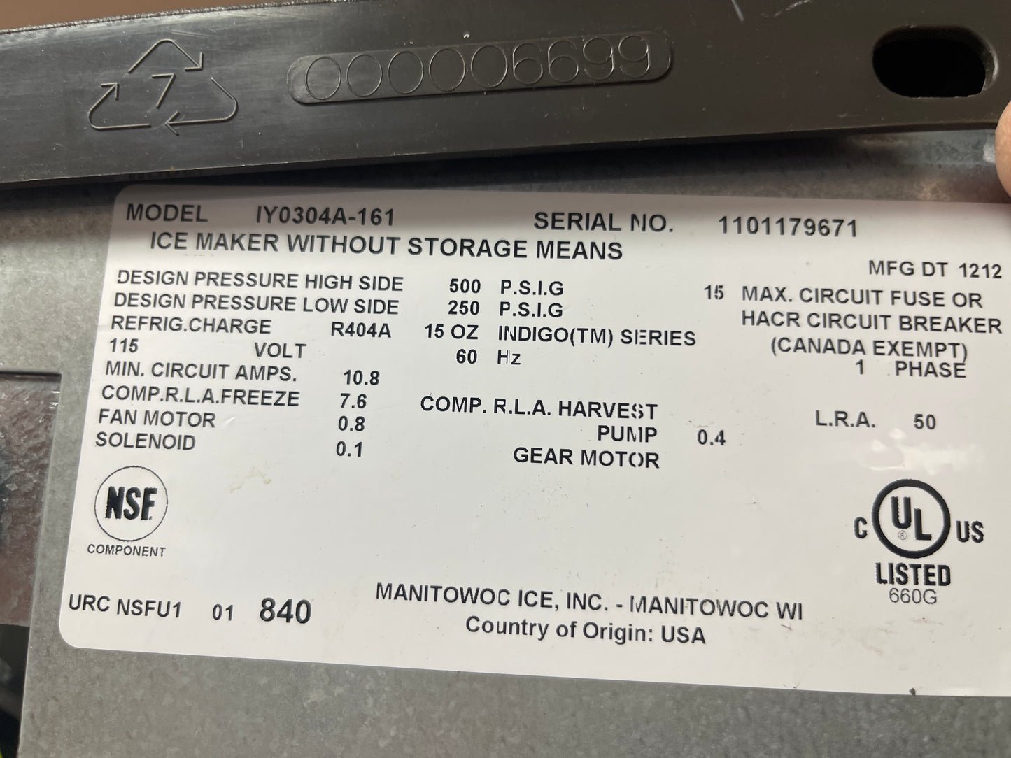 Used 30" Manitowoc IY-0304A Indigo Ice Machine Air Cooled Half Dice 310lbs/24hr - 120V