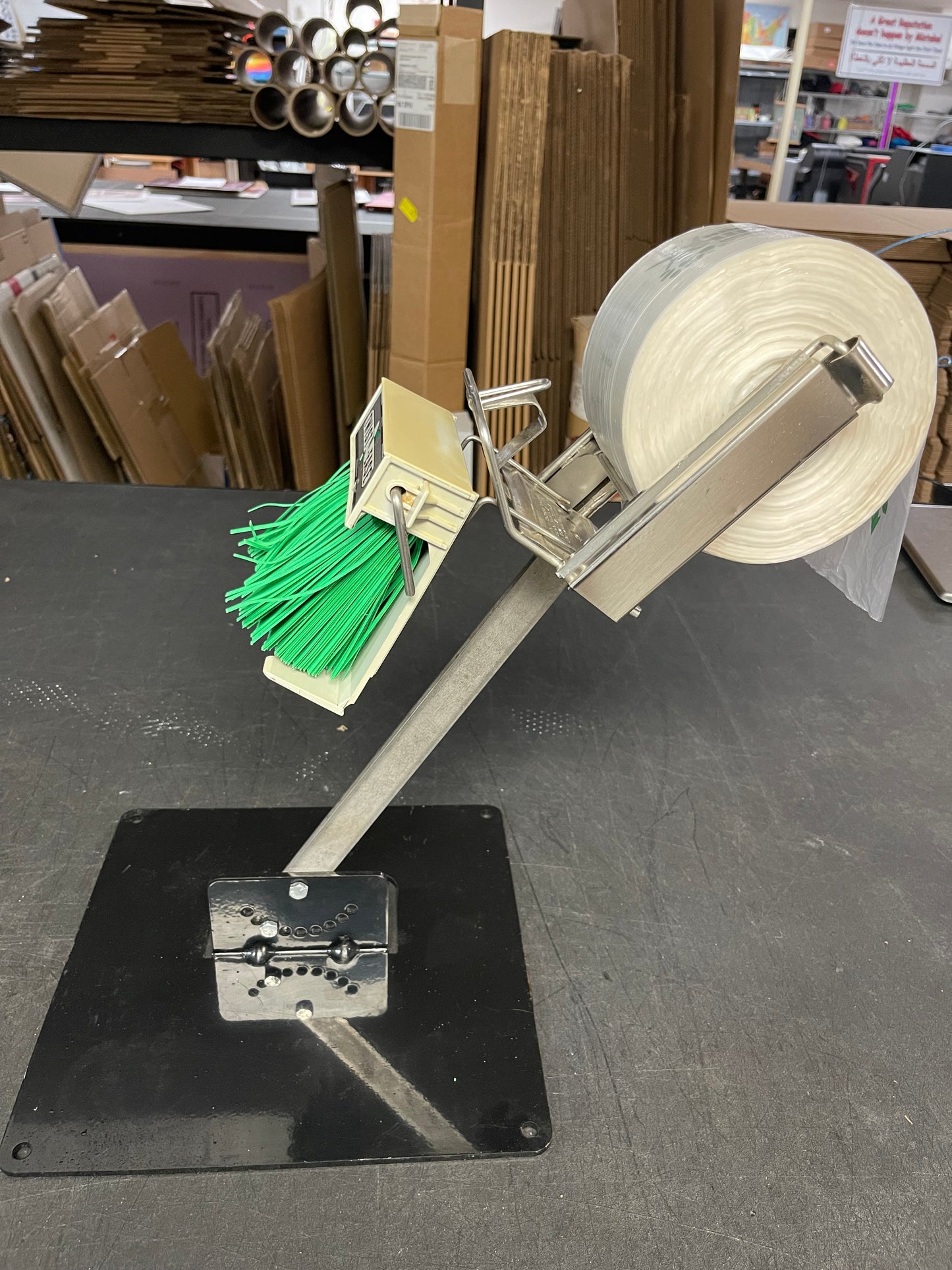 Used Crown Poly Pull N Pak Produce Bag Dispenser with Twist Ease Tie Dispenser and Stand