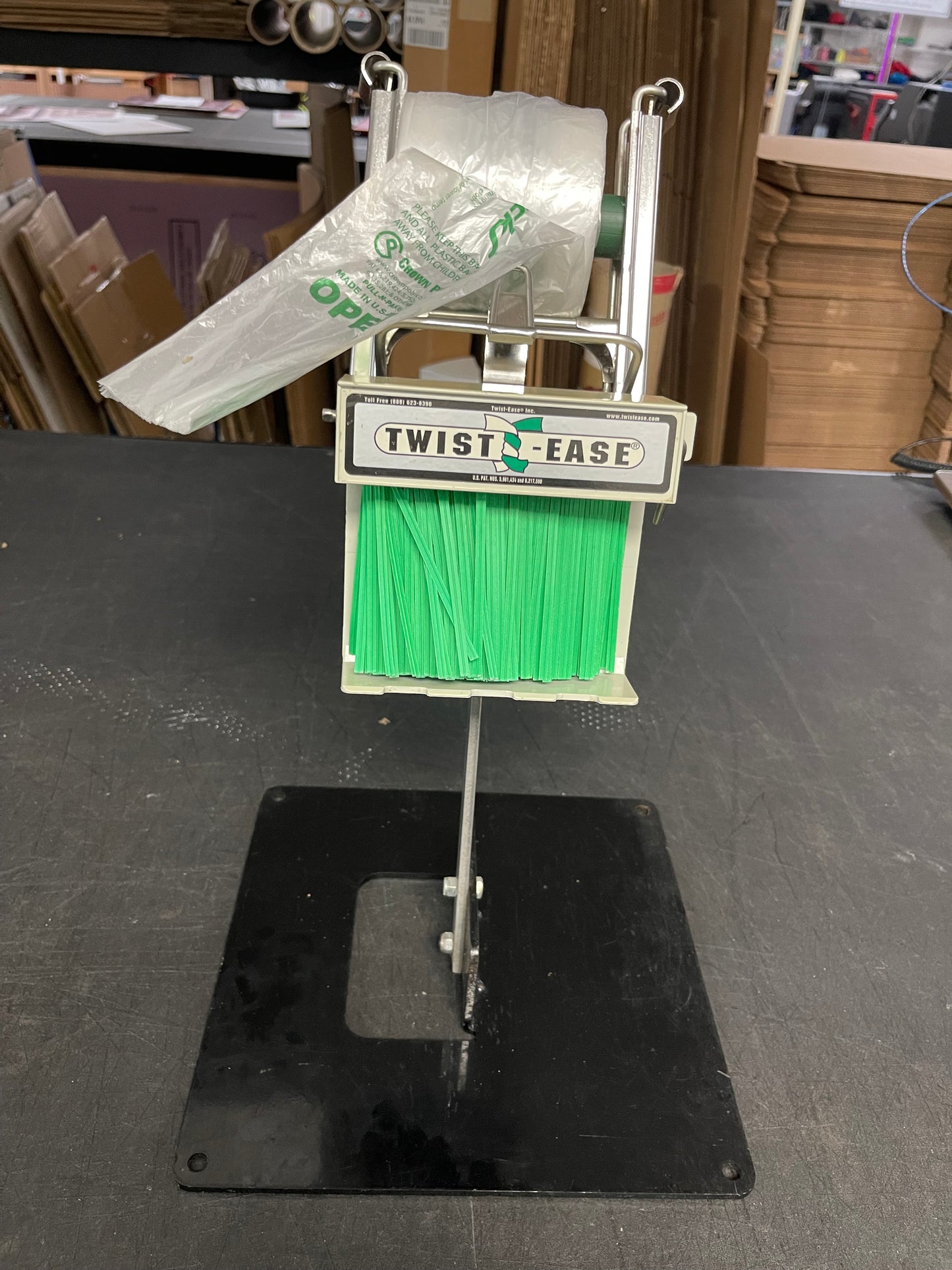 Used Crown Poly Pull N Pak Produce Bag Dispenser with Twist Ease Tie Dispenser and Stand