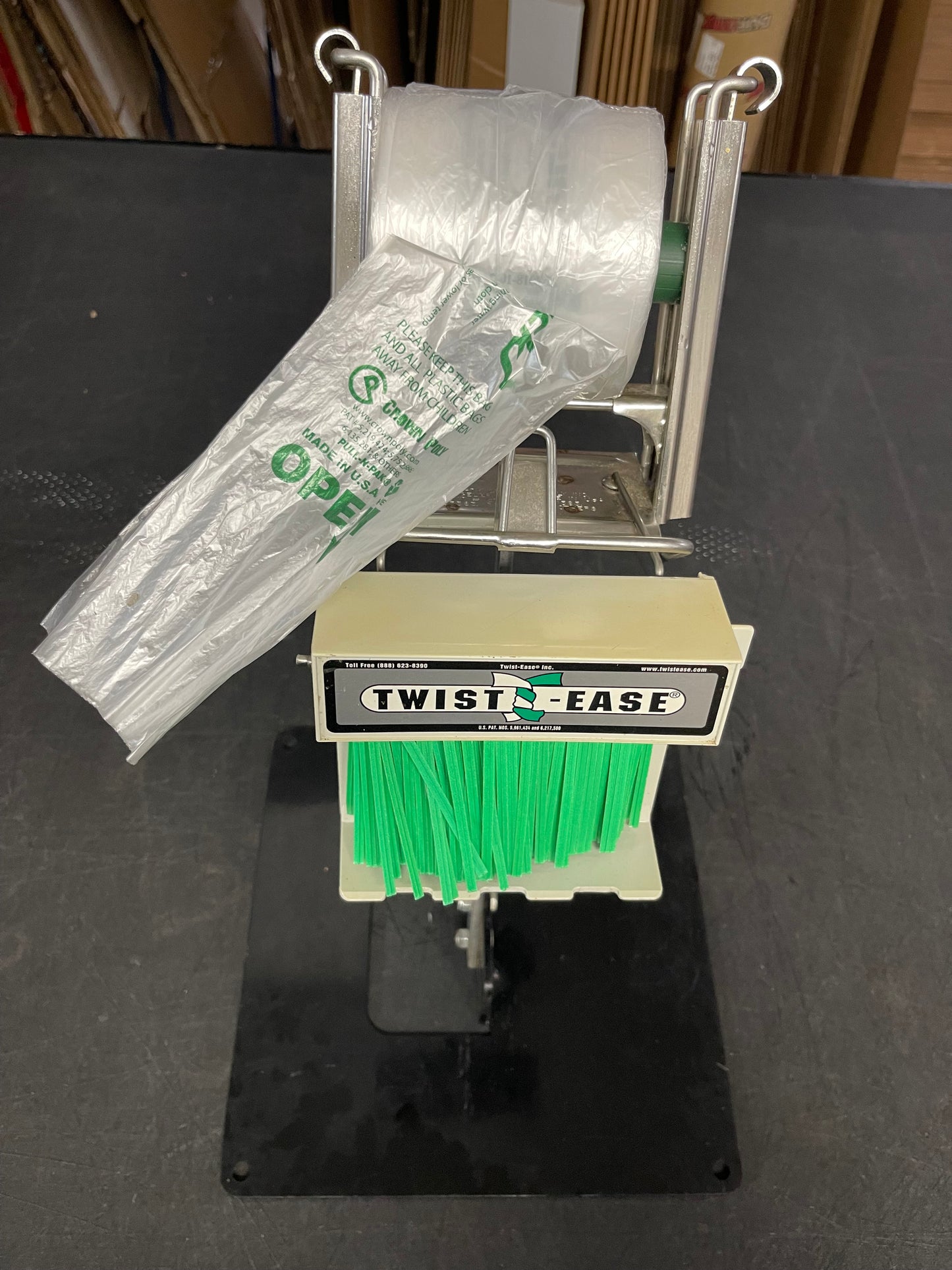 Used Crown Poly Pull N Pak Produce Bag Dispenser with Twist Ease Tie Dispenser and Stand