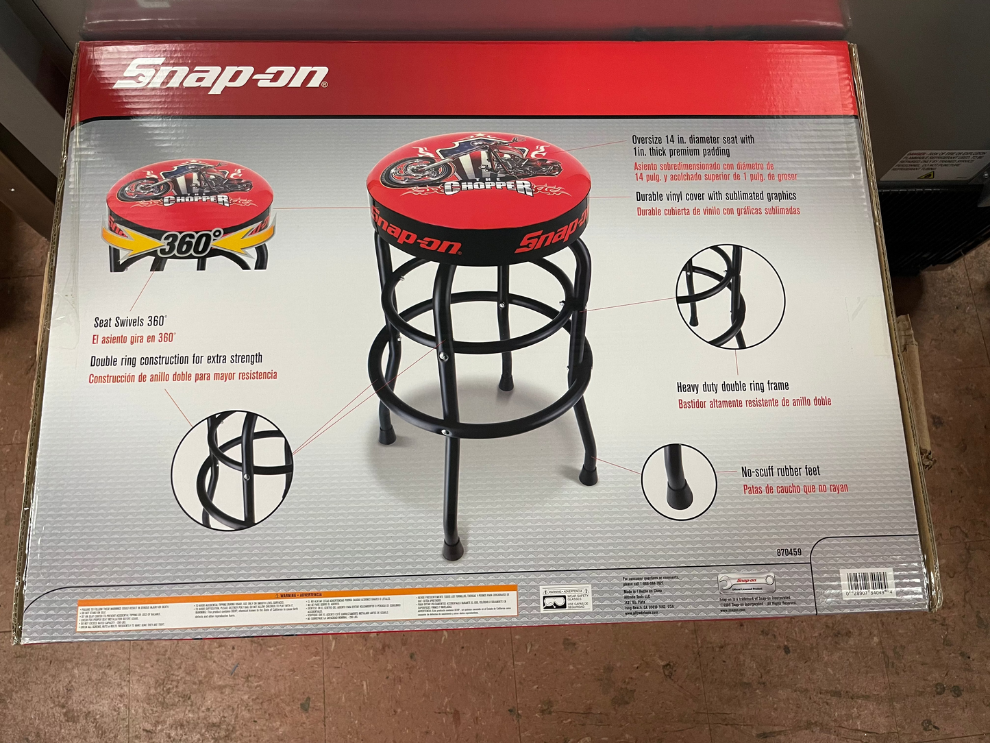 New 29" Snap-on 870459 360 Degree Swivel Chopper Bar Stool 14" Seat