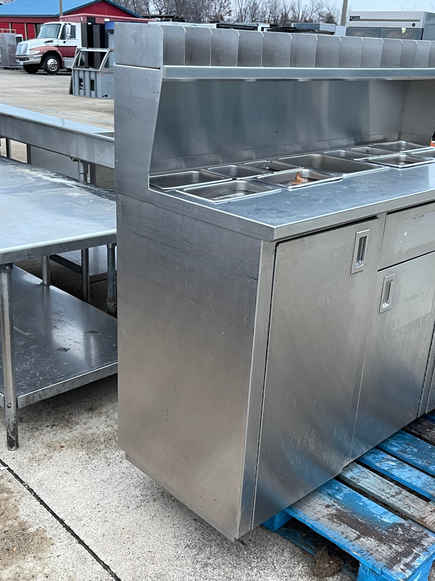 Used 60" Stainless Steel Condiment Station Cabinet with Trash Can Compartment - SS203