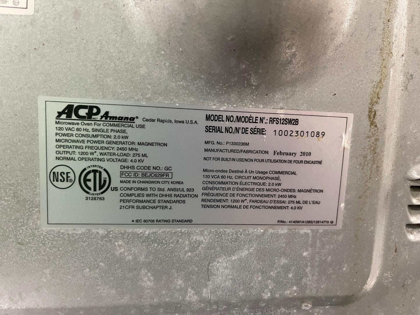 Used Amana RFS12SW2B Commercial 1200W Stainless Microwave 120V