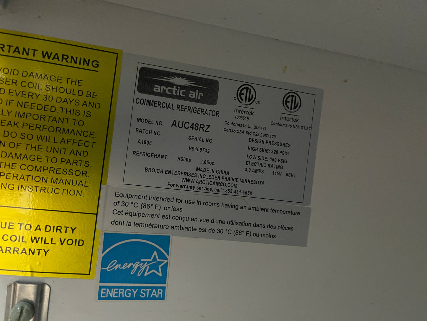 Used 48" Arctic Air AUC48RZ Undercounter 2 Door Refrigerator 115V As-Is