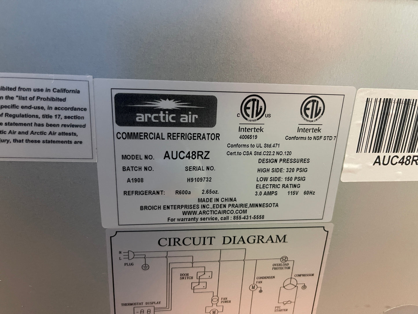 Used 48" Arctic Air AUC48RZ Undercounter 2 Door Refrigerator 115V As-Is
