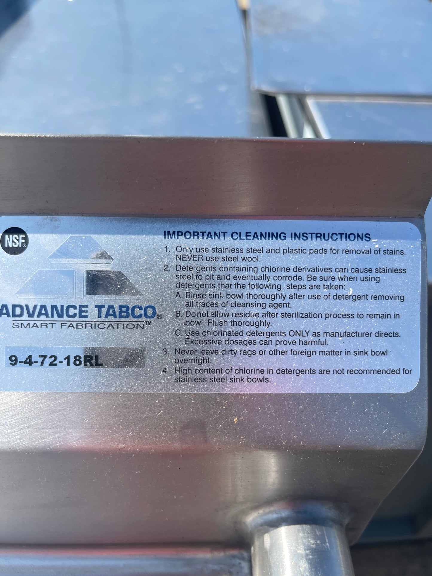 New 110" Advance Tabco 9-4-72-18RL 4 Compartment Sink - SS316