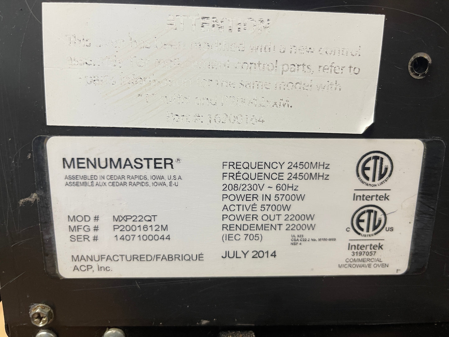 Used 2014 Amana Menumaster MXP22QT Accelerated Oven 220V - 1049Hrs