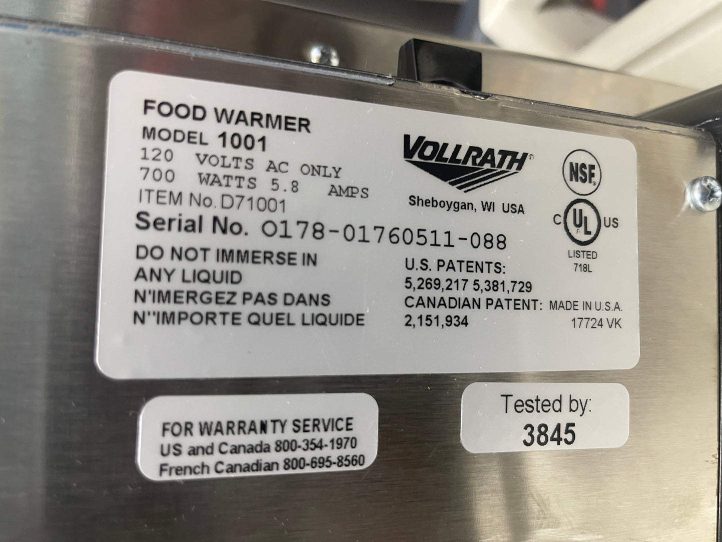 Used Vollrath 1001 Countertop Stainless Full Size Food Warmer 120V, 700W - WO1