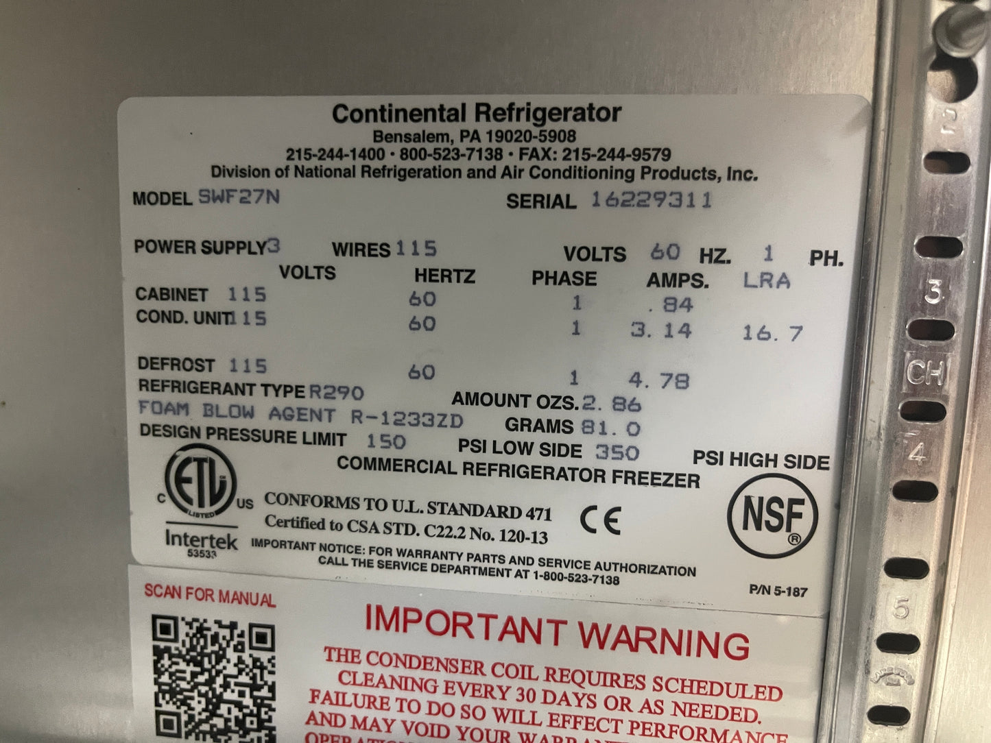 Used 27" Continental SWF27N Single Door Worktop Freezer 115V - WO1