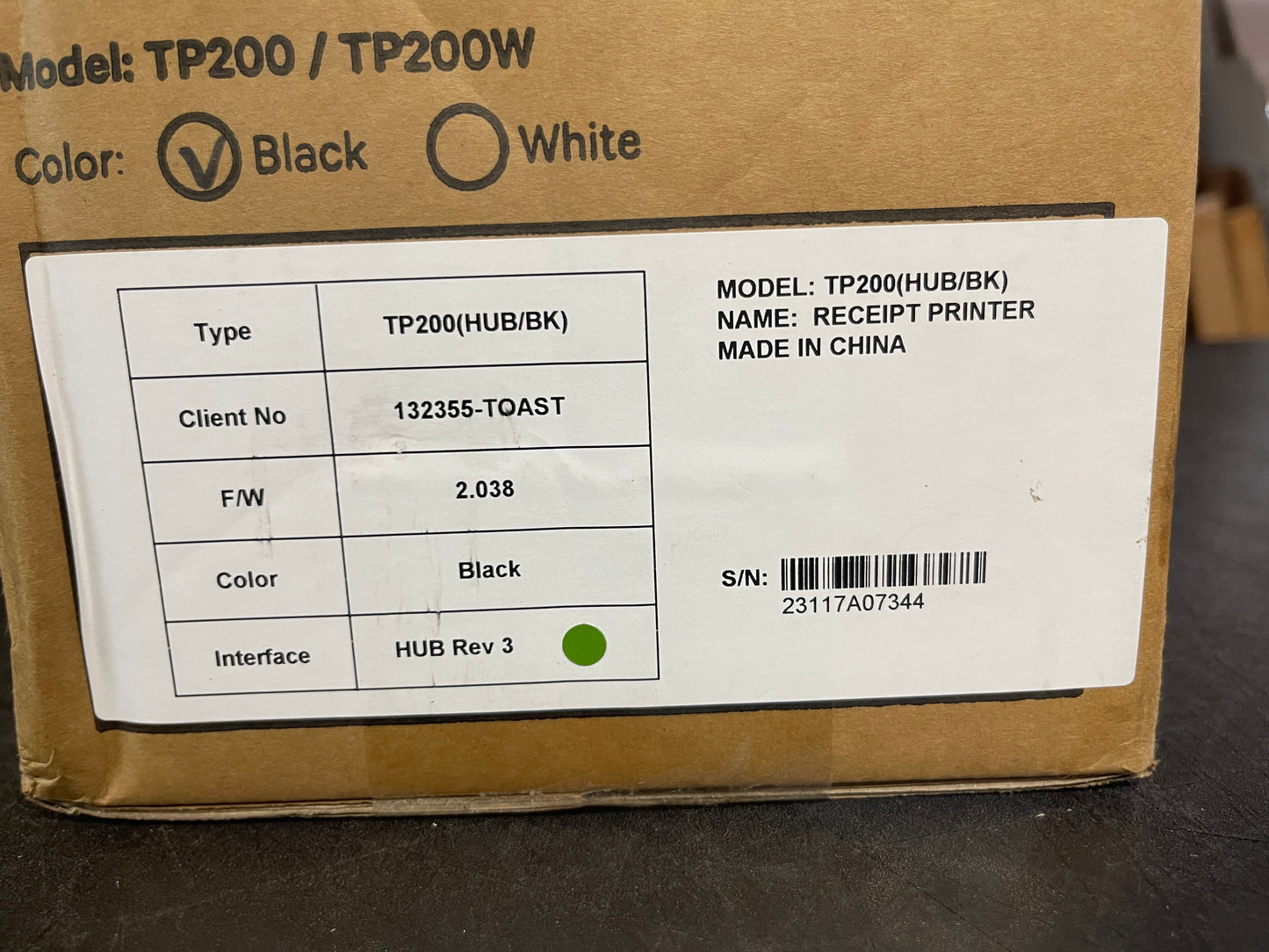 Used Toast TP200 Black Thermal POS Receipt Printer - WO1