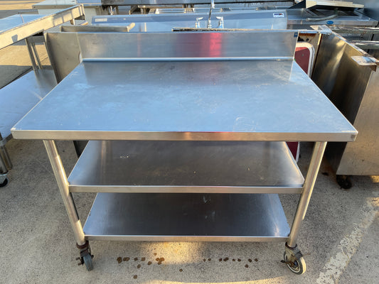 Used 48"x32" Heavy Stainless Table with Shelves, Casters and 6" Backsplash JD - SS324