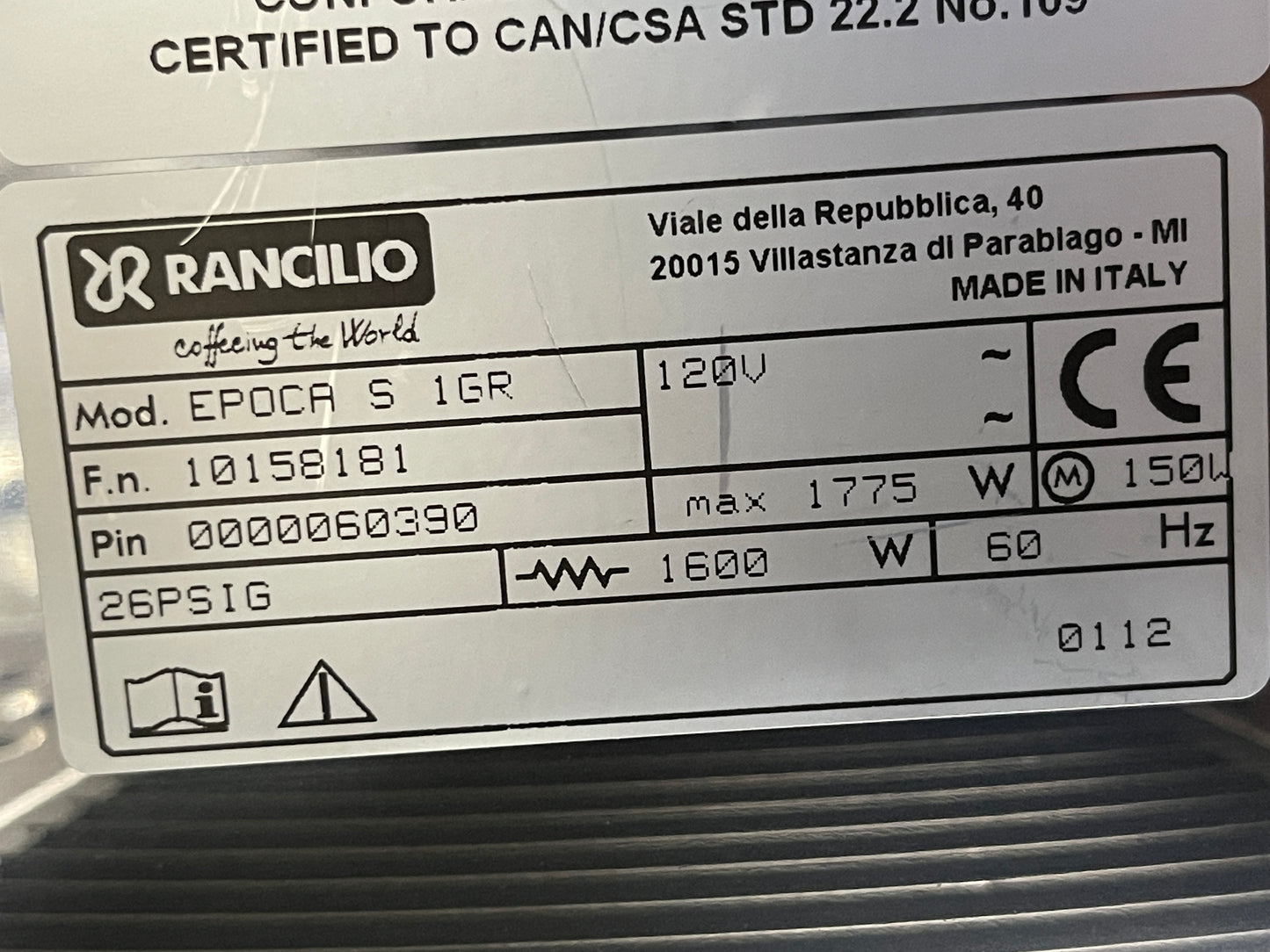 Used Rancilio Epoca S 1 Group Espresso Coffee Machine 120V