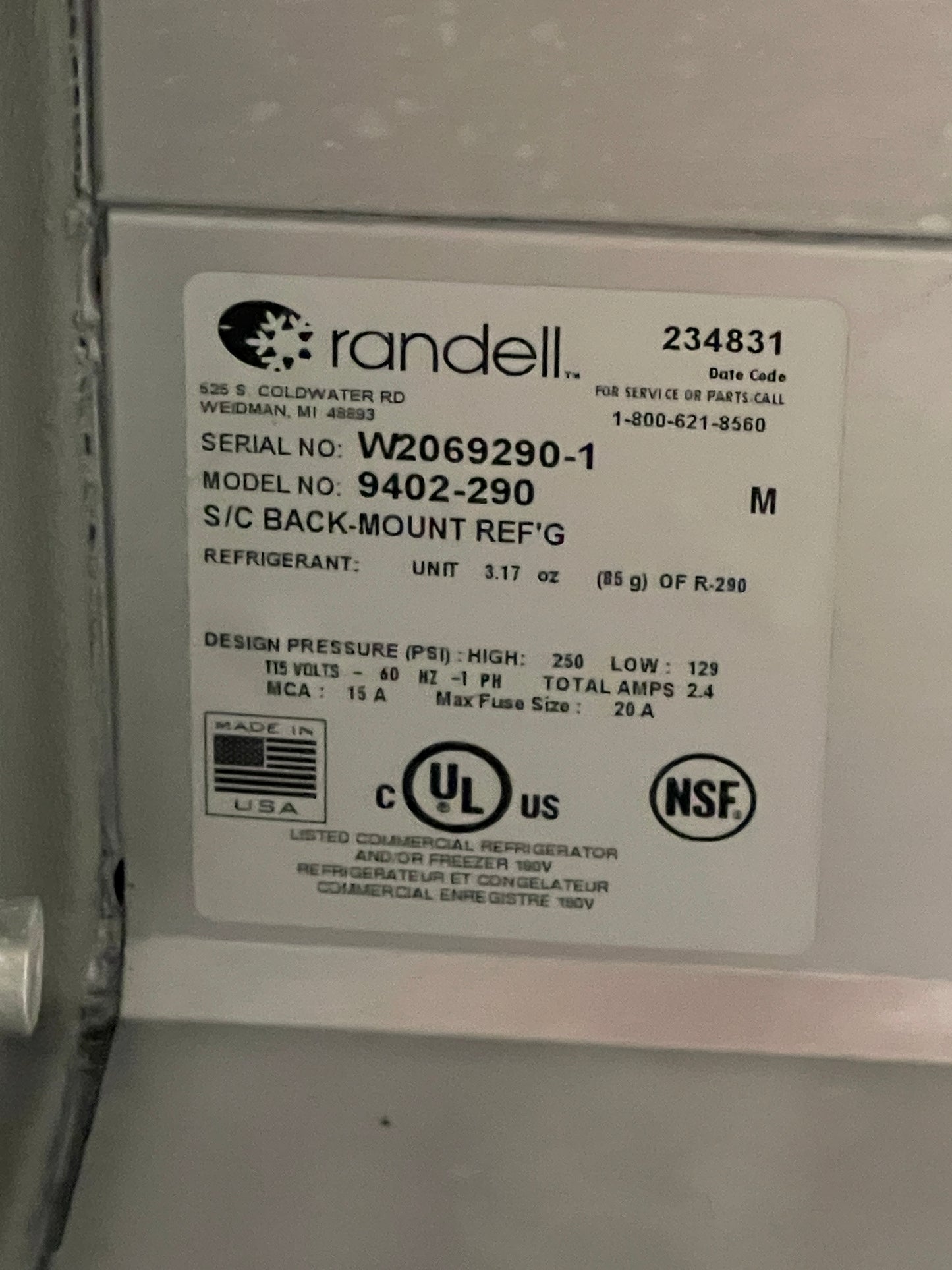 Used 27" Randell 9402-290 Work Top Refrigerator 5.7 cu ft 115V - JD