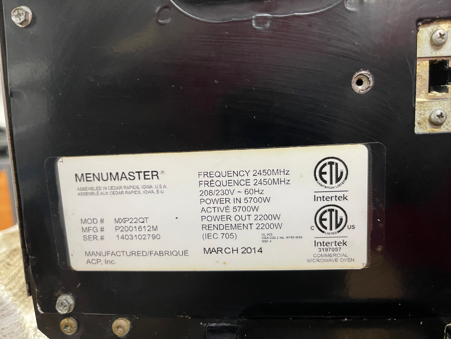 Used 2014 Amana Menumaster MXP22QT Accelerated Oven 220V - 1882Hrs