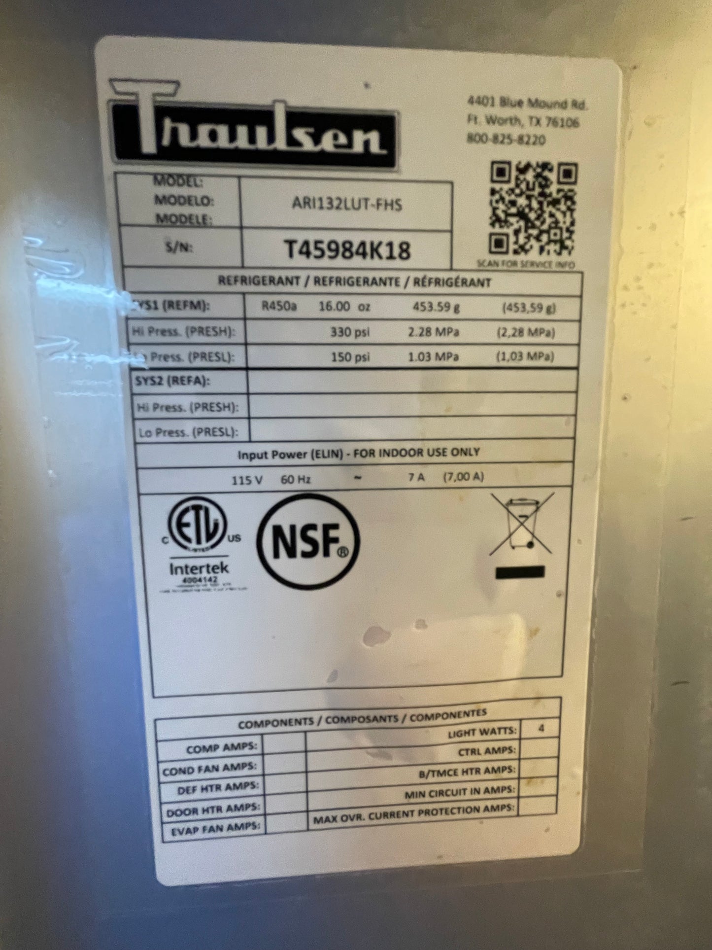 Used Traulsen ARI132LUT-FHS Commercial Stainless Roll In Refrigerator 120V