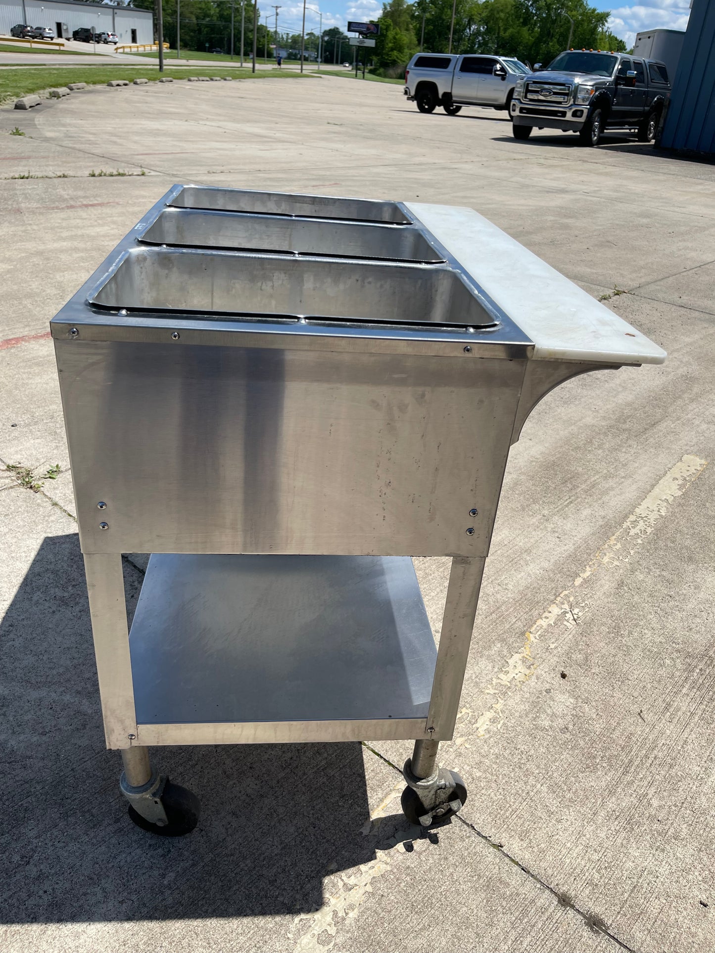 Used Duke E303 44 3/8" Hot Food 3 Open Well Heated Steam Table & Cutting Board 120V 1500W