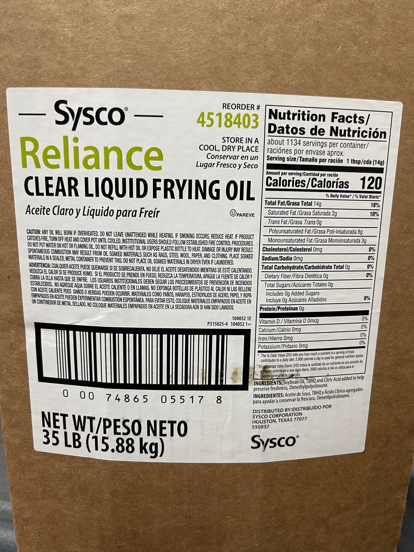 New Sysco Reliance Clear Liquid Soybean Frying Oil 35lb - JS