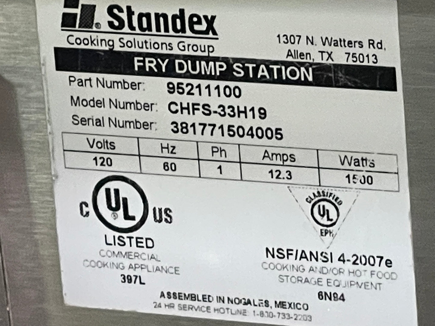 Standex APW Wyott CHFS-33H19 Stainless Steel Countertop Fry Warming/Dump Station 120V