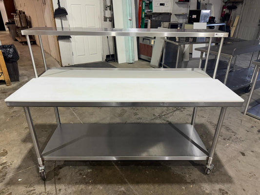 Used John Boos 36"x72" Stainless Table with Overshelf, Casters and Cutting Board