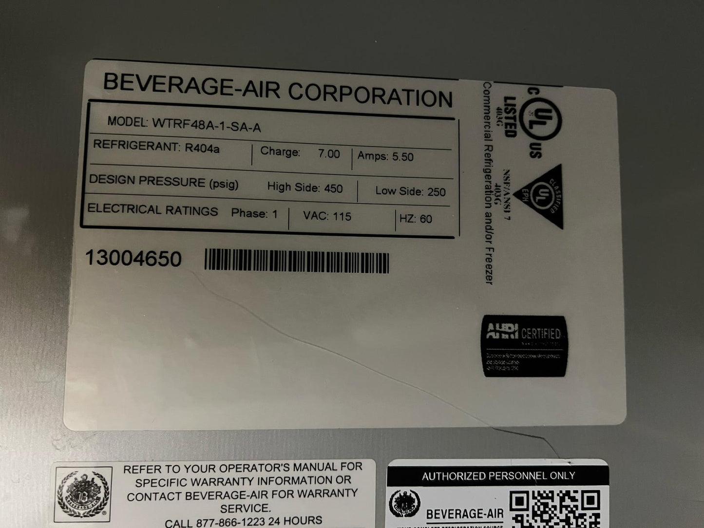 Used 48" Beverage Air WTRF48A Worktop 2 Section Refrigerator/Freezer 120V