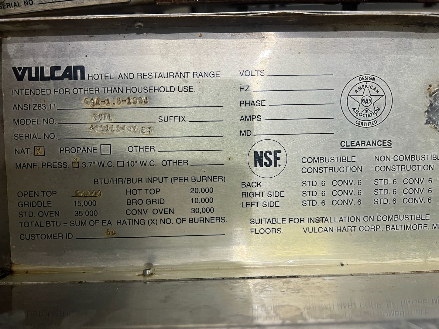 Used Vulcan 60FL 6 Burner Gas Range with 2 Standard Ovens and Griddle NG
