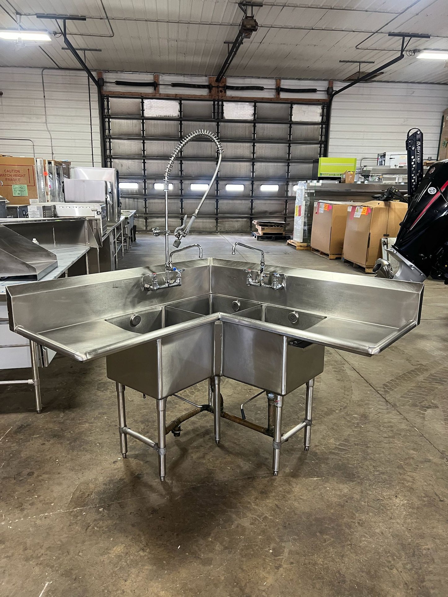 Used Stainless Steel Corner 3 Compartment Sink with Faucets and Drains
