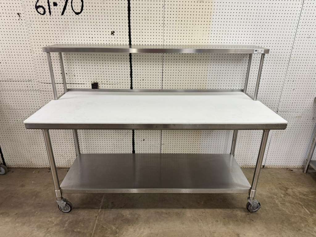 Used 72"x 30" Stainless Poly Top table with a 72"x 12" Overshelf on Casters