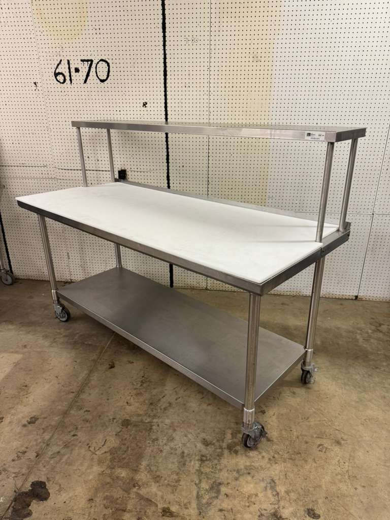 Used 72"x 30" Stainless Poly Top table with a 72"x 12" Overshelf on Casters