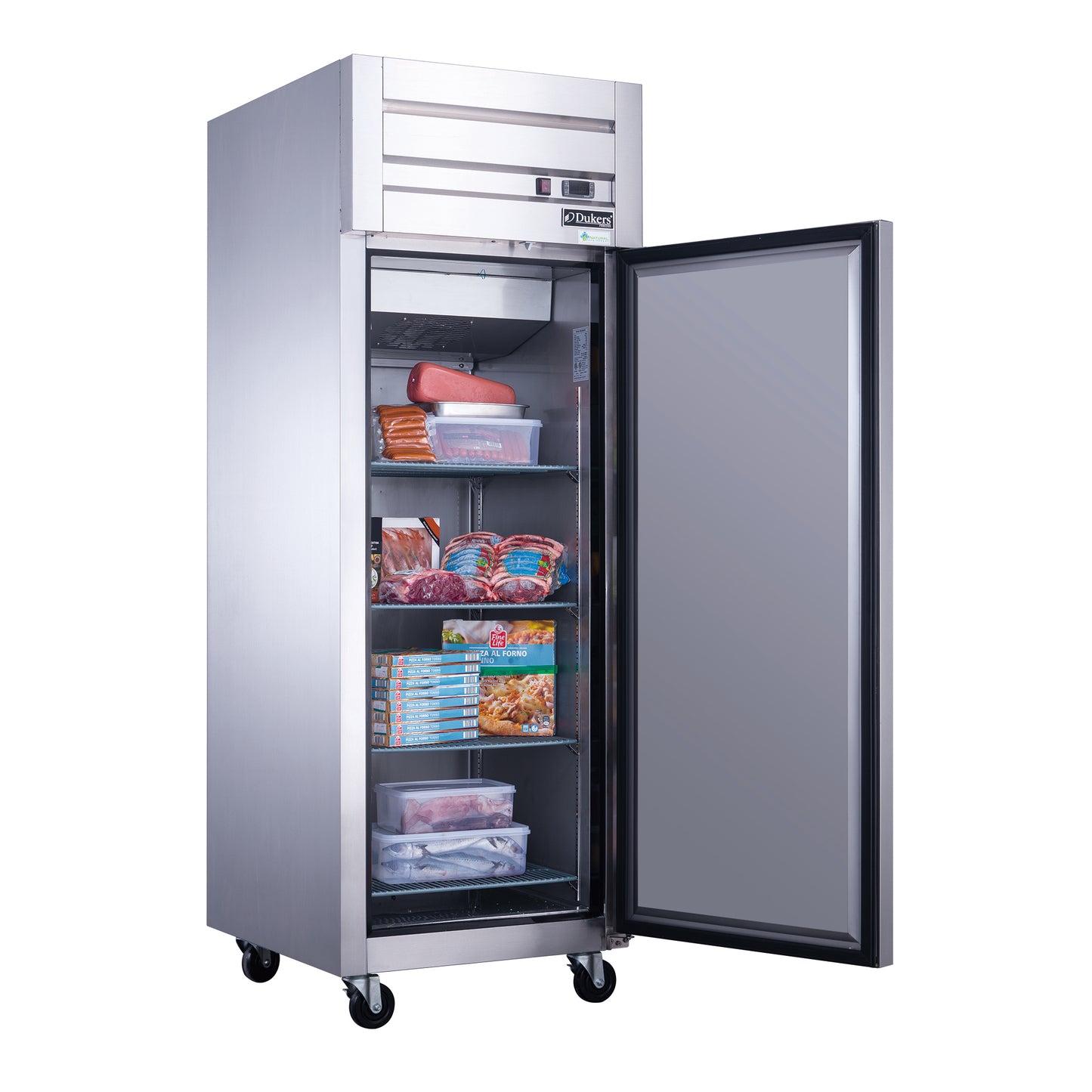 New Dukers D28AF Commercial Single Solid Door Top Mount Reach-in Freezer in Stainless Steel