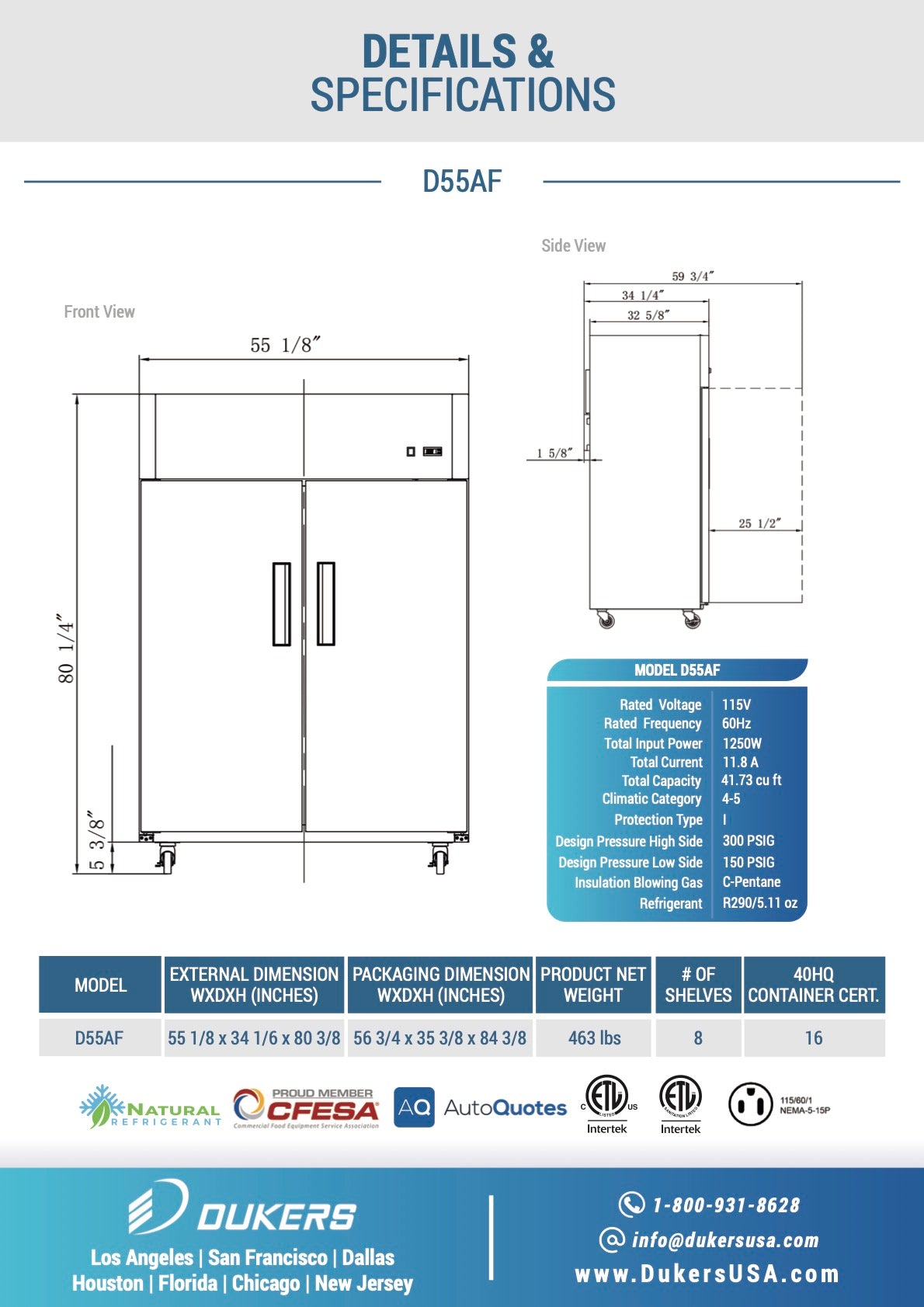 New Dukers D55AF Stainless Steel Commercial Solid 2-Door Top Mount Freezer