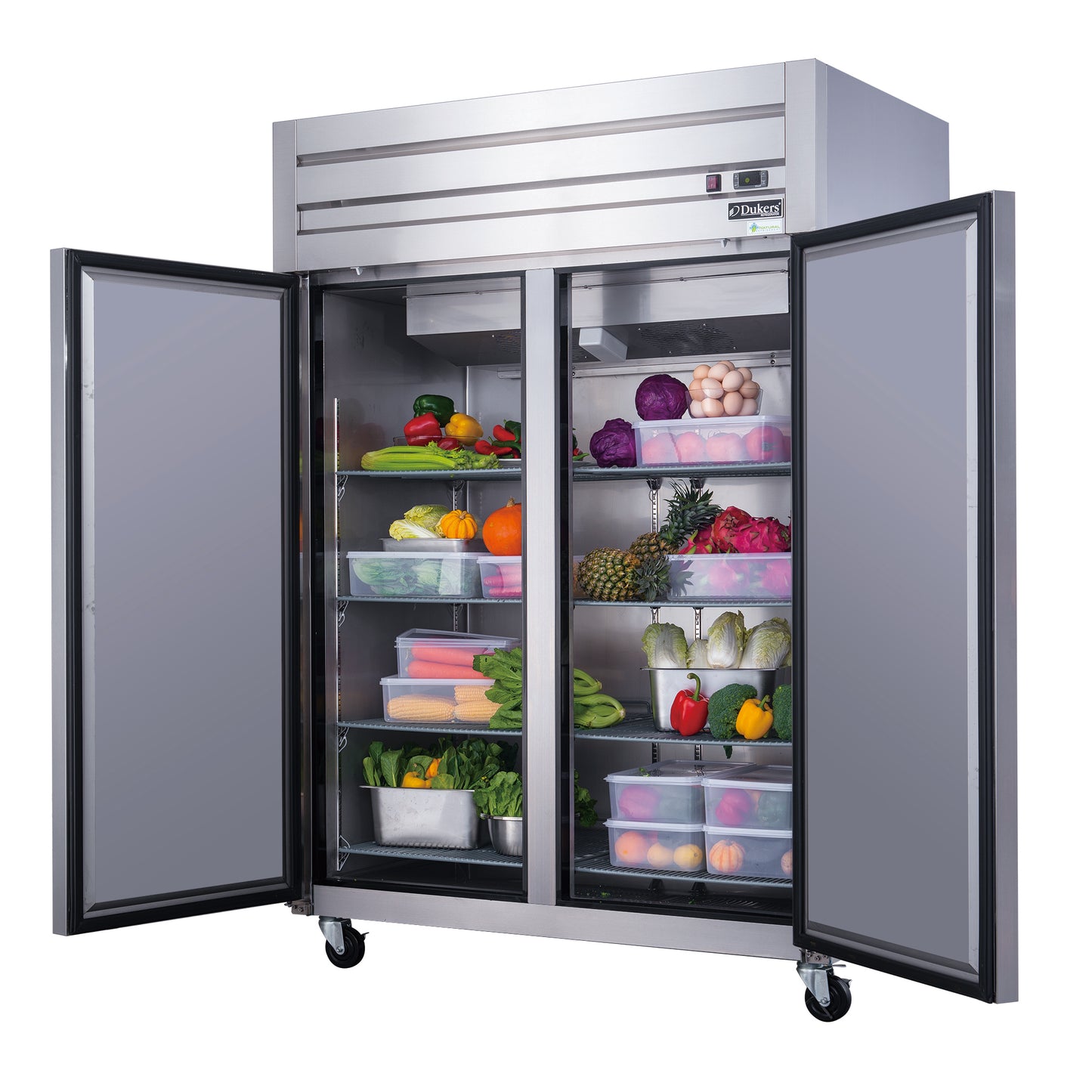 New Dukers D55AR Commercial Solid 2-Door Top Mount Refrigerator in Stainless Steel