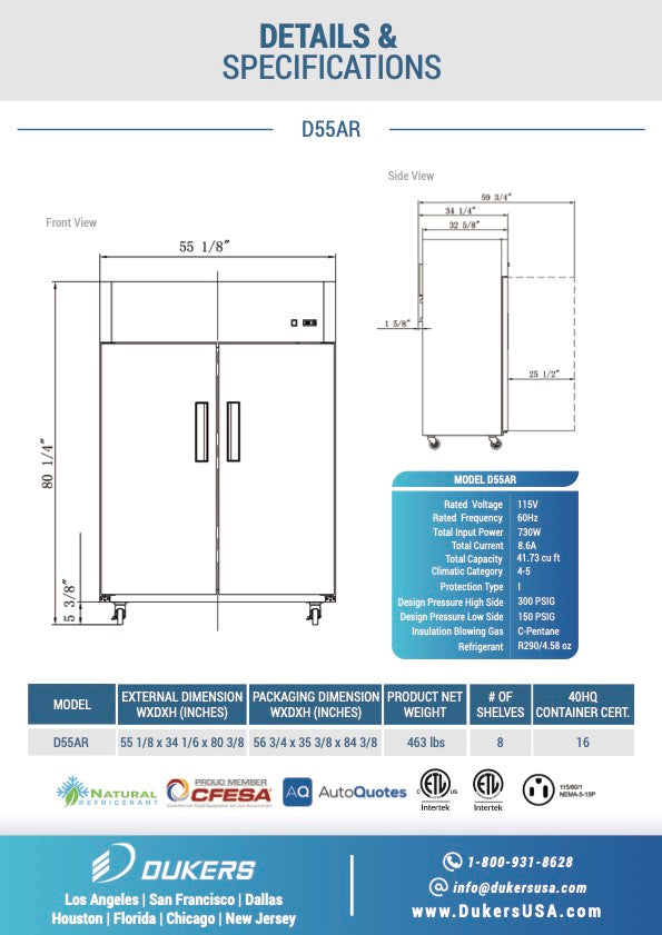 New Dukers D55AR Commercial Solid 2-Door Top Mount Refrigerator in Stainless Steel