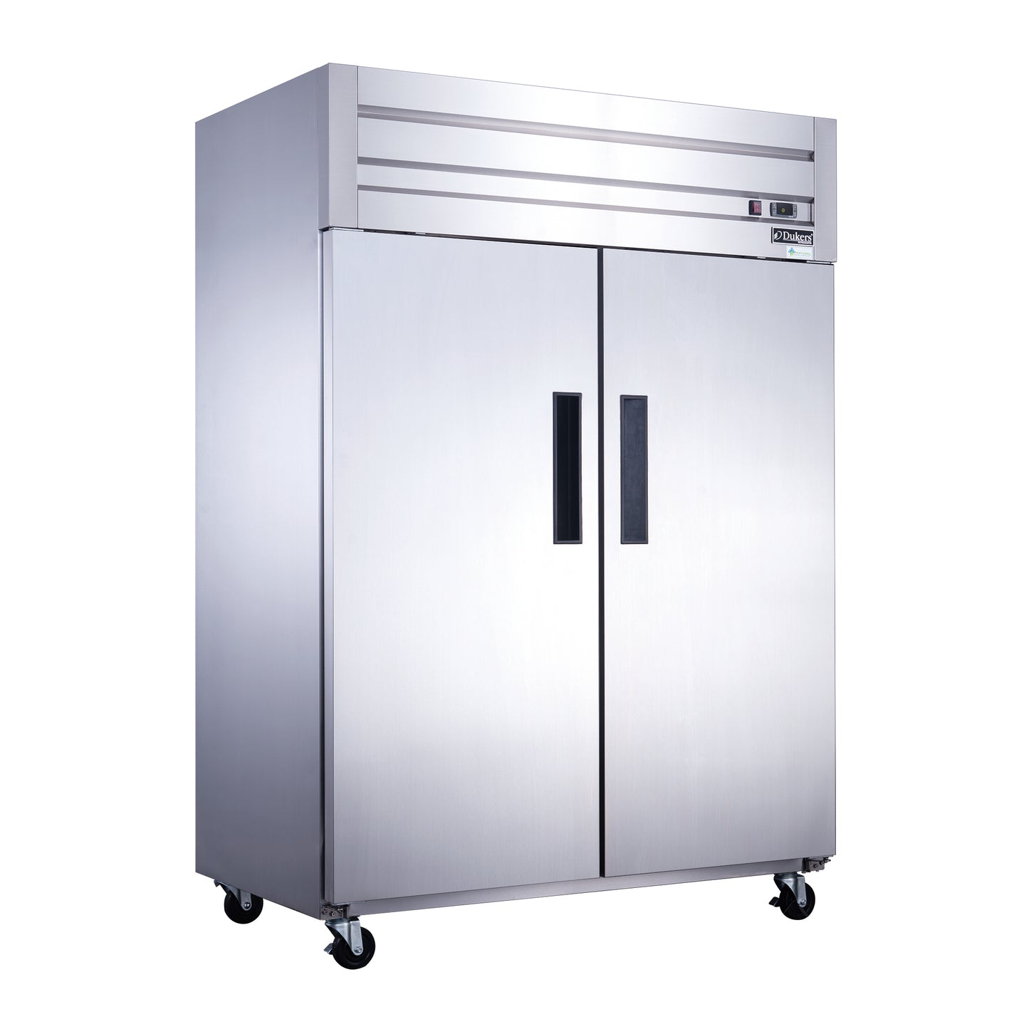 New Dukers D55AR Commercial Solid 2-Door Top Mount Refrigerator in Stainless Steel