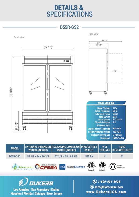 New Dukers D55R-GS2 Bottom Mount Glass 2-Door Commercial Reach-in Refrigerator