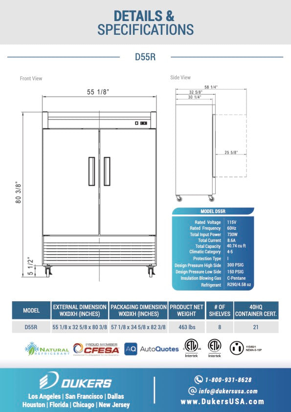 New Dukers D55R Stainless Steel Solid 2-Door Commercial Reach-in Refrigerator