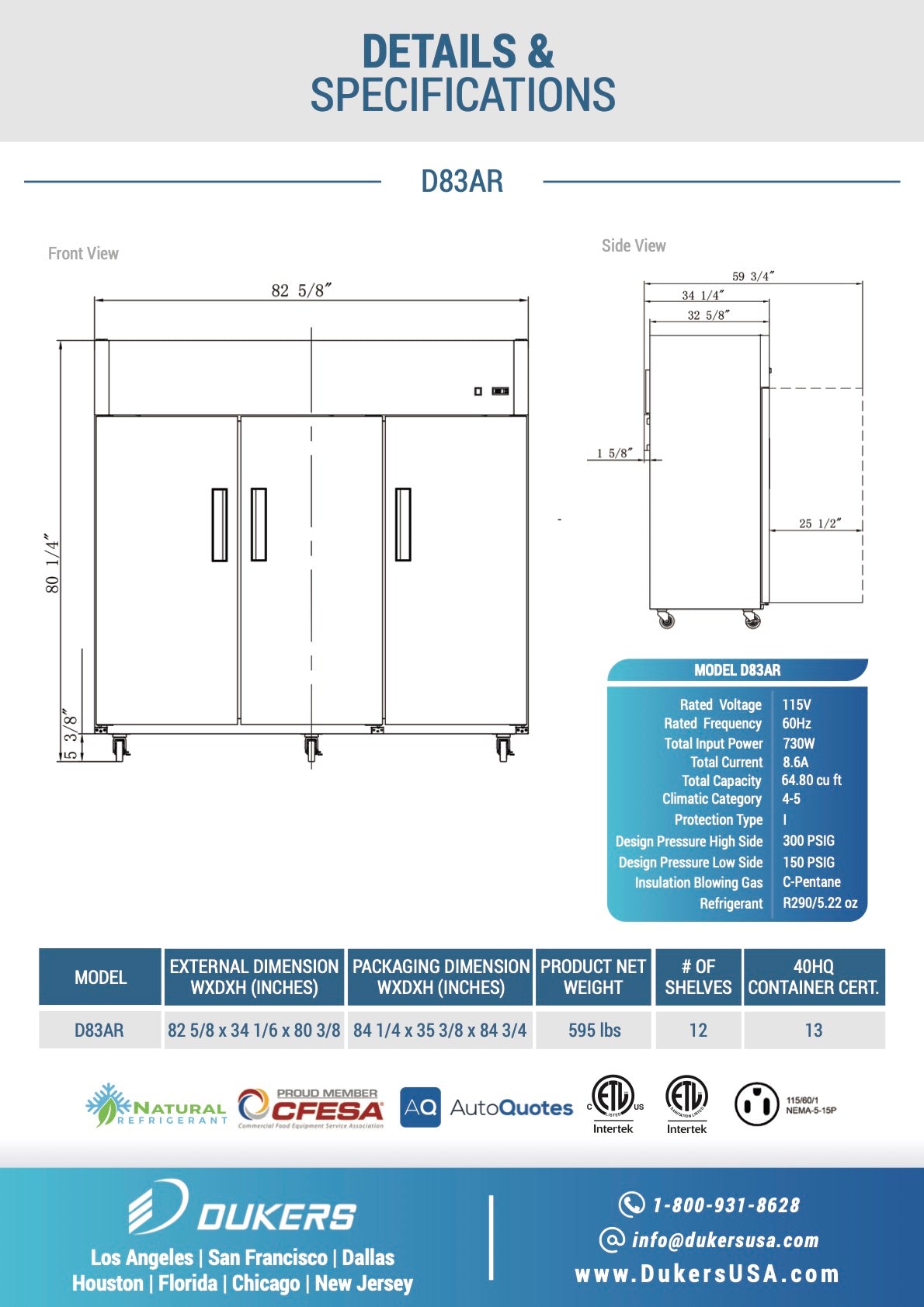 New Dukers D83AR Stainless Steel Commercial Solid 3-Door Top Mount Reach-in Refrigerator