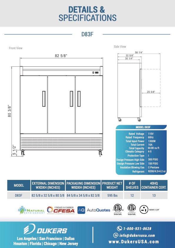 New Dukers D83F Stainless Steel Solid 3-Door Commercial Reach-in Freezer