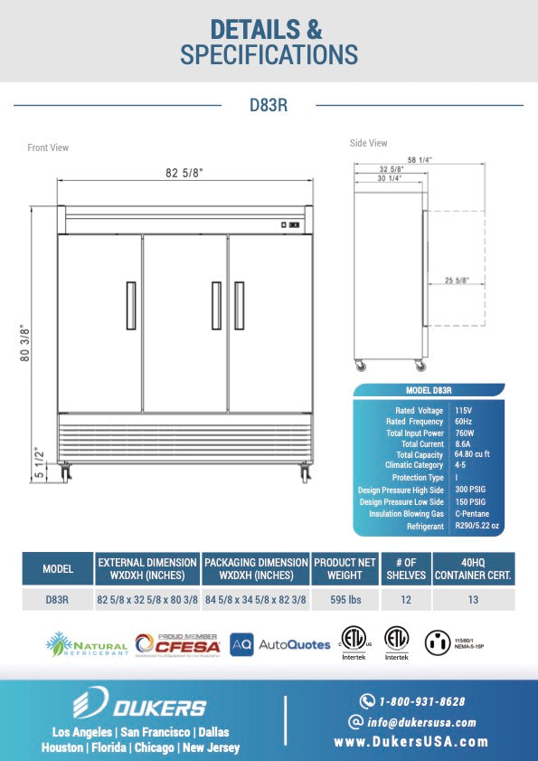 New Dukers D83R Stainless Steel Solid 3-Door Commercial Reach-in Refrigerator