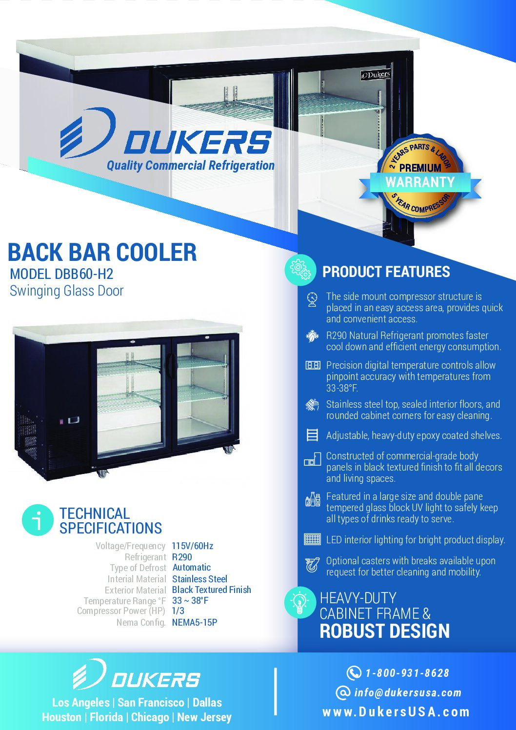 New Dukers DBB60-H2 2 Door Bar and Beverage Cooler (Hinge Doors)