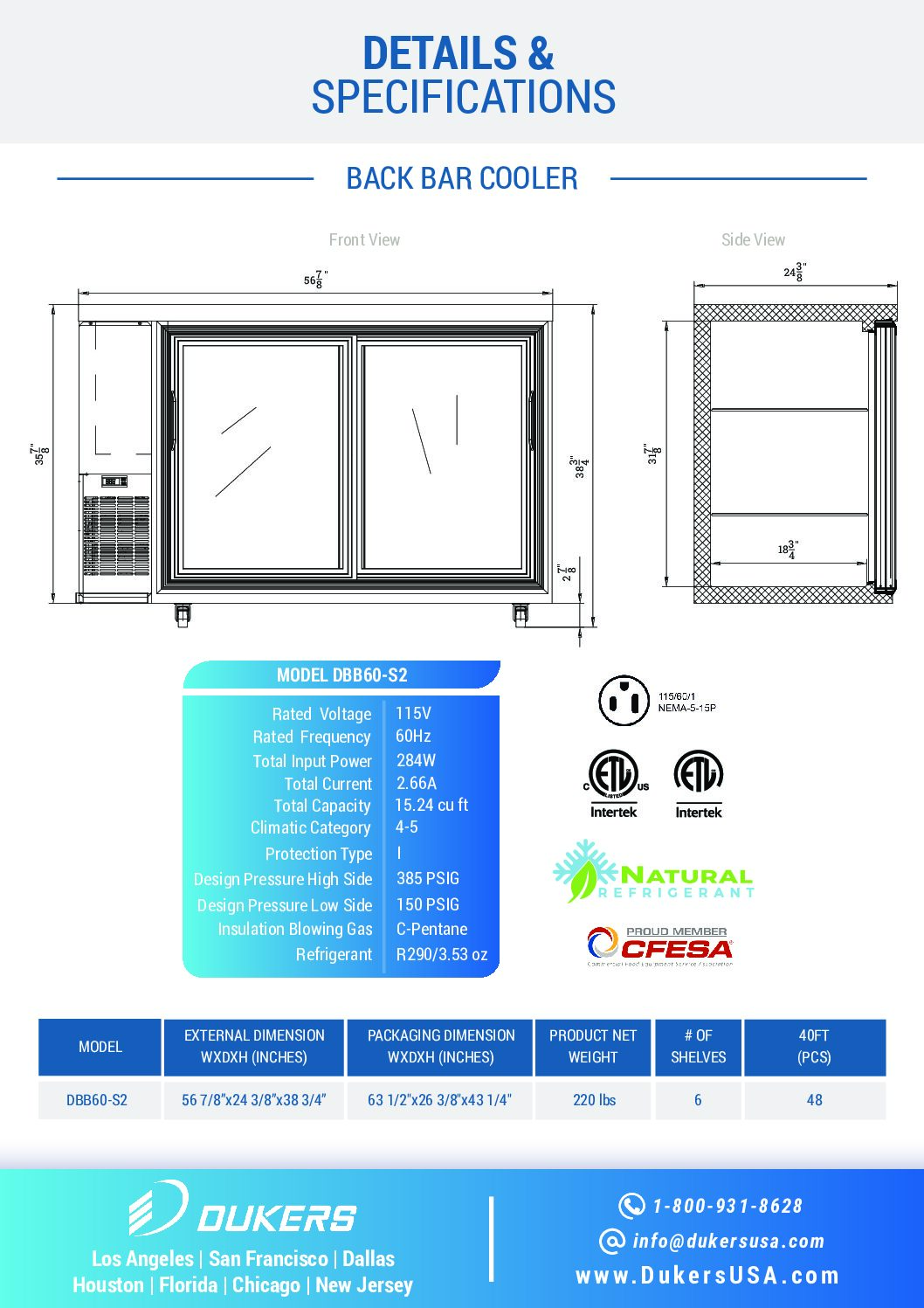 New Dukers DBB60-S2 2 Door Bar and Beverage Cooler (Sliding Doors)